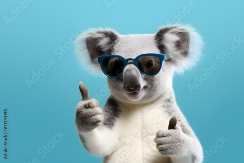 Cool looking koala wearing sunglasses with his thumbs up.  Banner with space for text. Posing animal photo