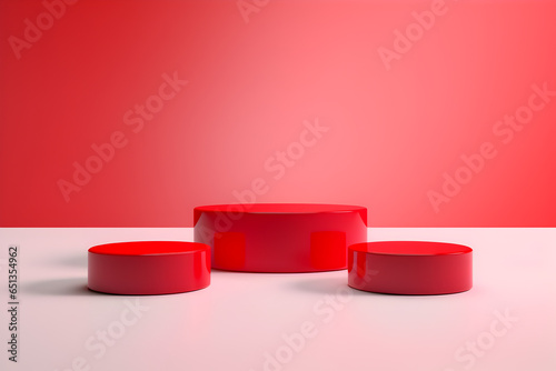 Red empty podiums for product presentation. Red background. Mockup 