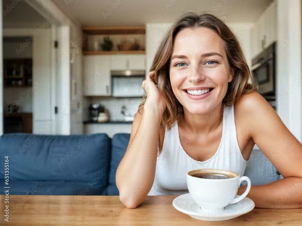 Portrait of joyful young woman enjoying a cup of coffee at home Portrait of joyful young woman enjoying a cup of coffee at home