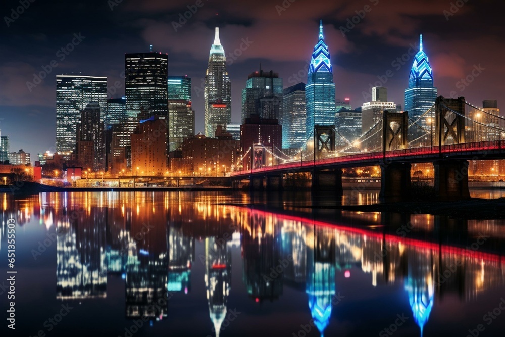 night view of Philadelphia skyline. Generative AI