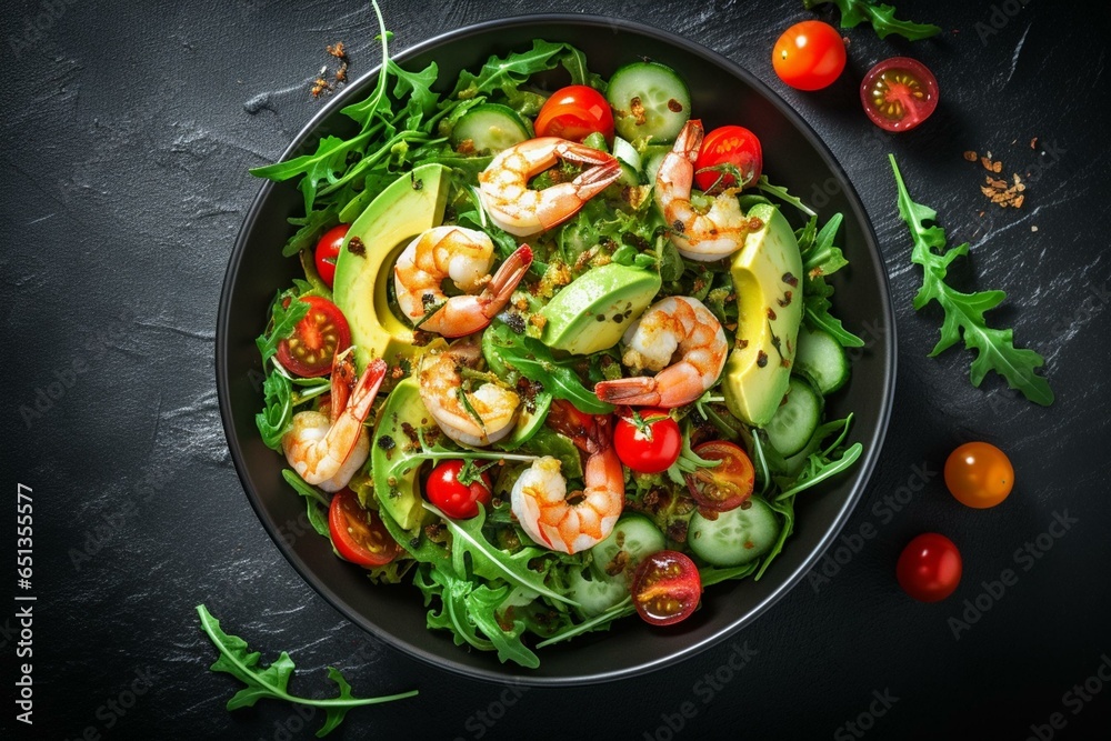 Delicious salad with shrimp, arugula, avocado, cherry tomatoes on a dark background, captured from above. Generative AI