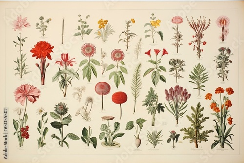 An antique sheet of botanical lithography from 1890s-1900s with plant illustrations. Generative AI