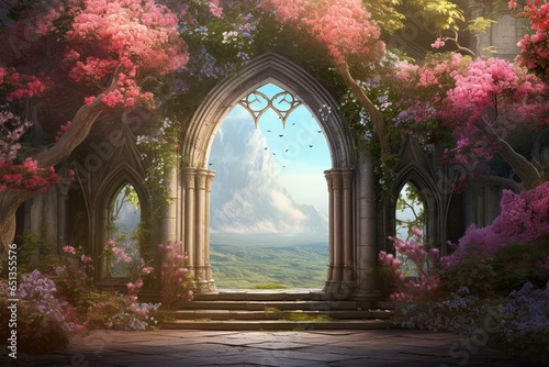 Enchanting nature scenery with lush greenery  blossoms  and an arch. Serene  magical  and dreamlike. Generative AI