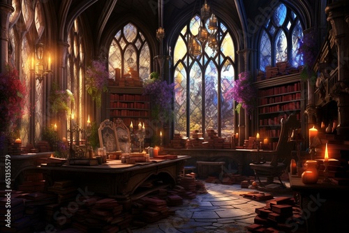 A medieval library ambiance with candles and books  depicting a realistic fantasy office enriched with strong colors. Generative AI