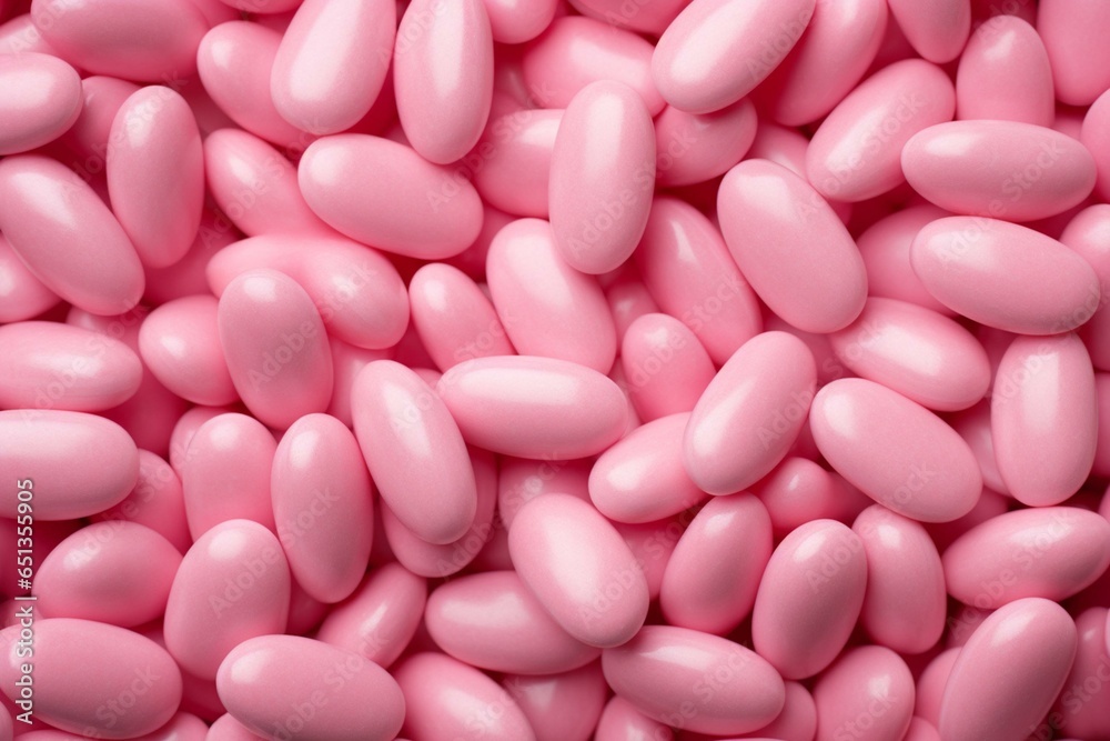 Closeup of numerous pink chewing gums as background. Generative AI