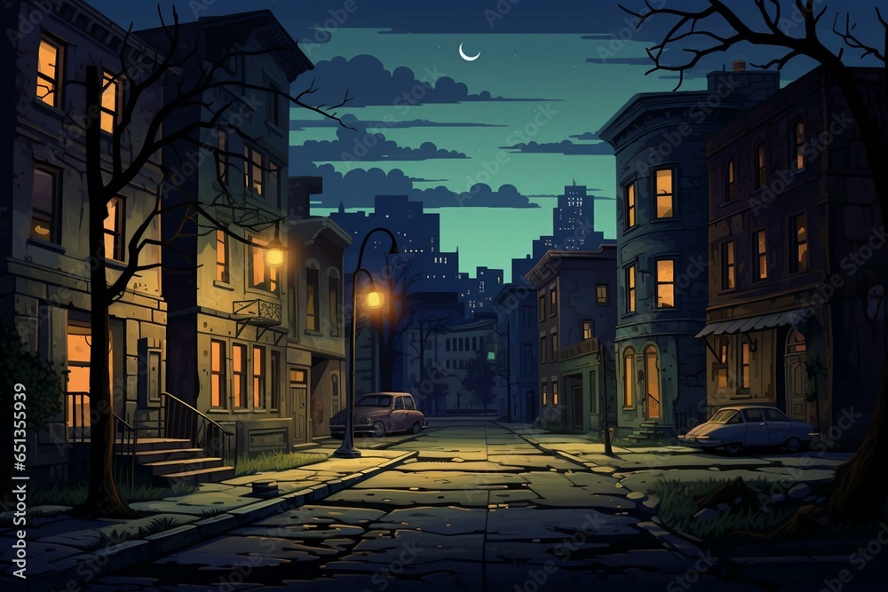 Nighttime street with rundown buildings and glowing windows. Cartoon illustration of abandoned homes, streetlamps, and a car. Generative AI
