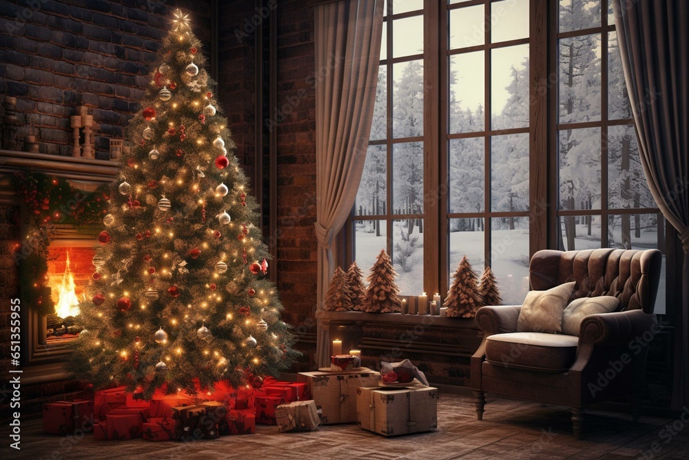 Festive room with Christmas tree. Cozy living area. Generative AI
