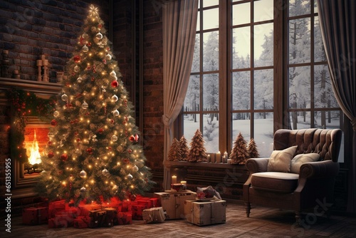Festive room with Christmas tree. Cozy living area. Generative AI © Raul