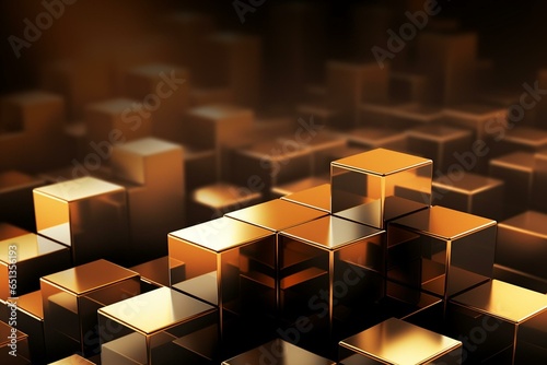 Simplistic arrangement of brown and gold cubes with a radiant blur forms a hi-tech background. Generative AI