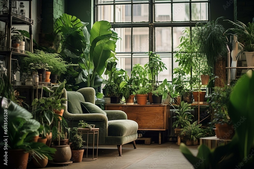 Assorted plants, stylish decor, green industrial interior, urban jungle, houseplants, green concept. Generative AI