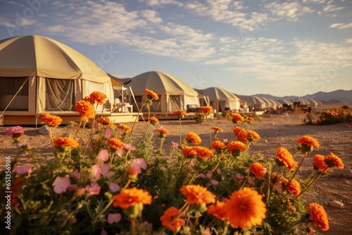 Adorable desert camp amidst blooming flowers and clear sky. Generative AI