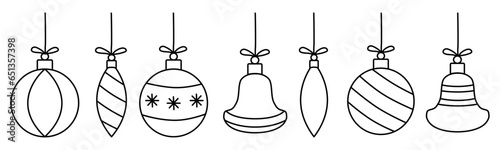 Set of Christmas tree decoration toys, doodle style flat vector outline for coloring book