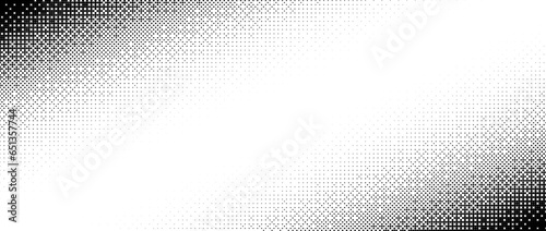 Corner halftone texture. Dotted gradient pattern background. Abstract faded pop art wallpaper. Vanishing spotted pixelated design backdrop for banner, poster, flyer, cover. Vector 8 bitmap
