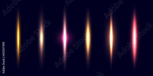 Neon divider lines set. Glowing vertical stripes collection. Fluorescent electric light sticks pack. Shining laser beams LED effect bundle. Vector pink, yellow, red elements for poster, banner, cover