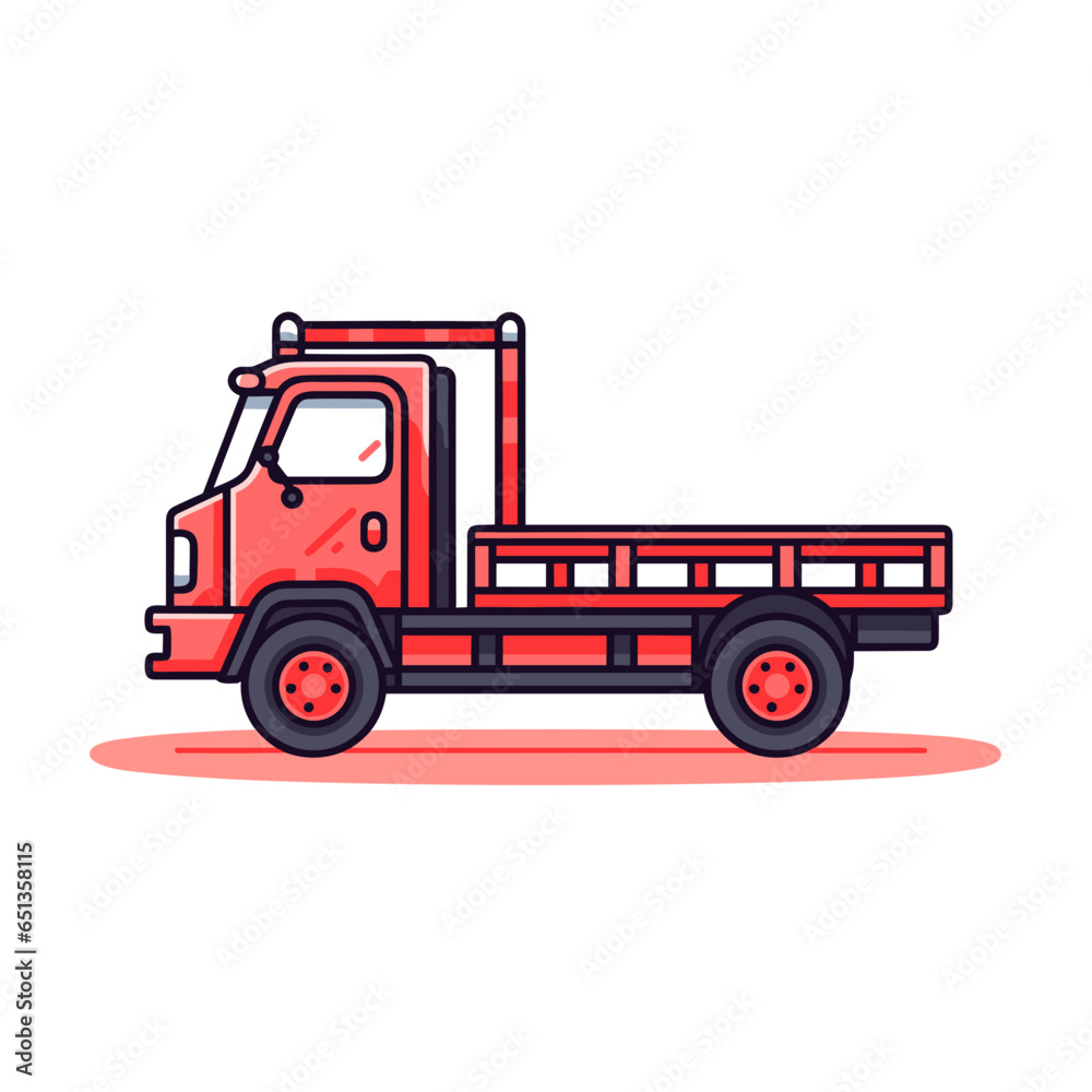 Flatbed truck vector icon in minimalistic, black and red line work, japan web
