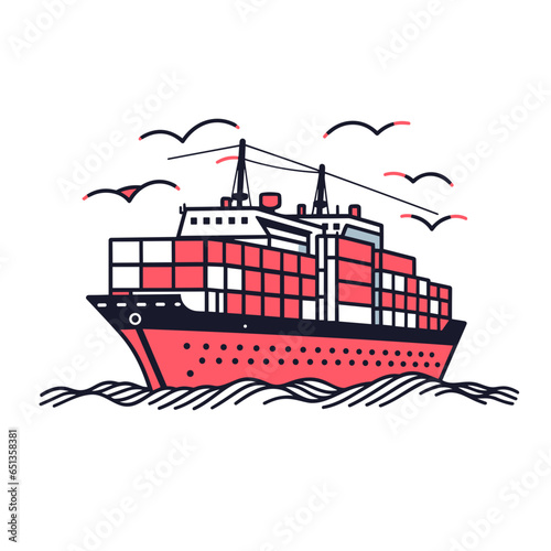 Container ship vector icon in minimalistic, black and red line work, japan web