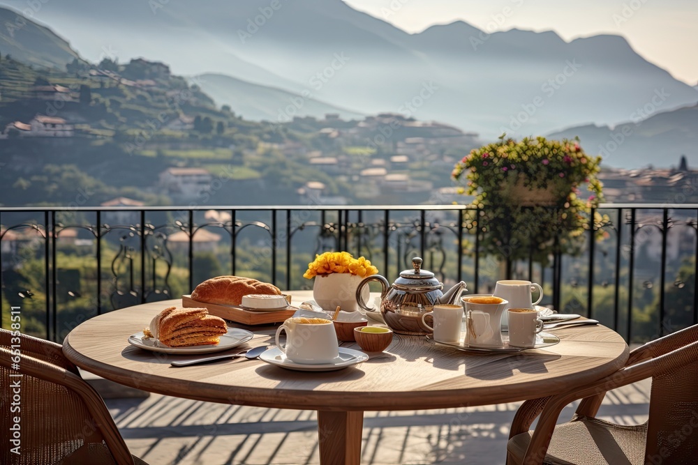 Fototapeta premium Breakfast with coffee and fresh pastries on the terrace overlooking the mountains