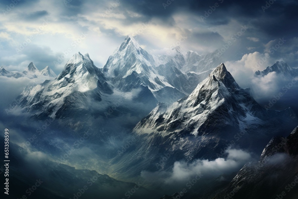 Tall Himalayan peaks reaching above a cloudy expanse. Generative AI