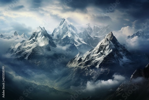 Tall Himalayan peaks reaching above a cloudy expanse. Generative AI © Aurelian