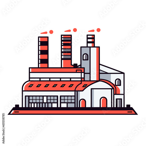 Factory vector icon in minimalistic, black and red line work, japan web