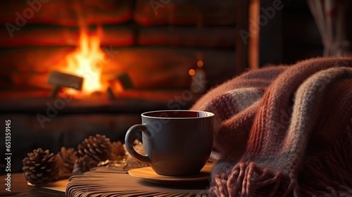 A cup of coffee on a plate in front of a fireplace. Cozy winter day.