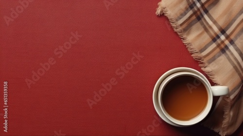 A cup of hot tea on a wool cloth seen from above, with dark red empty space on the left as a background for words or promotional items. Perfect for winter, tea shop and relaxation themed designs