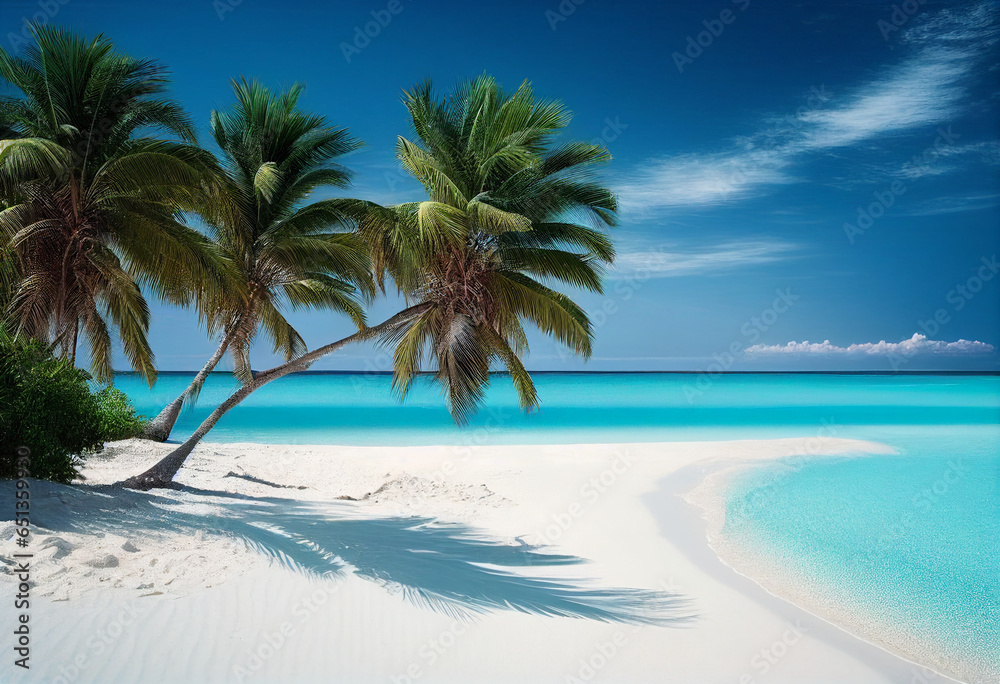 Ein unberührter Strand mit klarem Wasser und Palmen