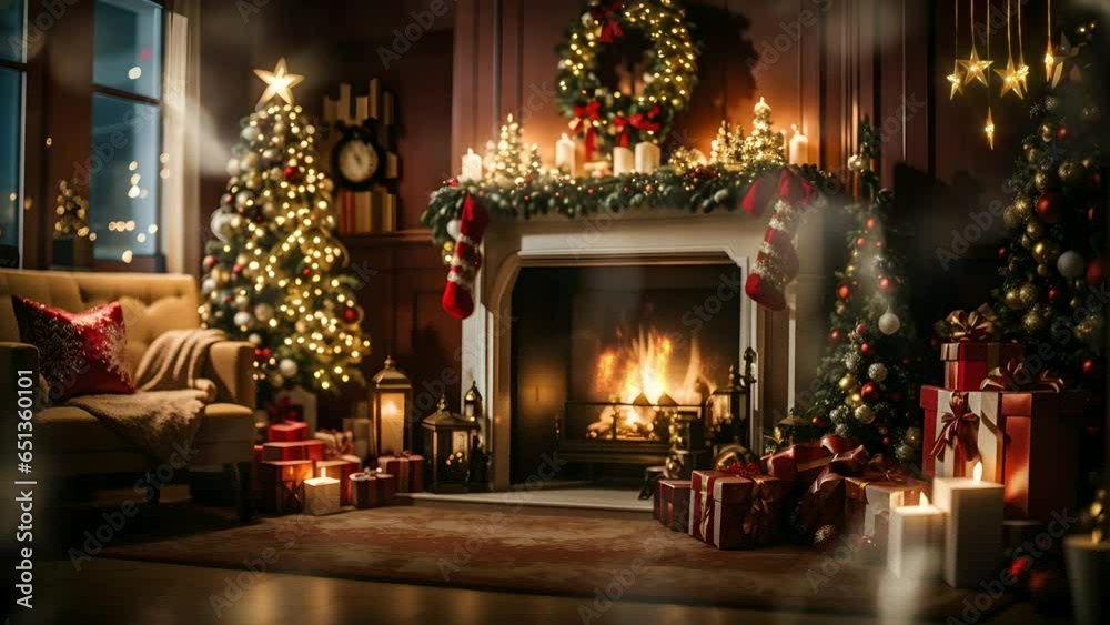 Fireplace with Christmas Decorations, Seamless Looping Time-Lapse