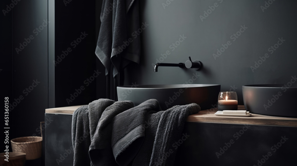 Bathroom Dark black colour. Real estate concept. - obrazy, fototapety, plakaty 