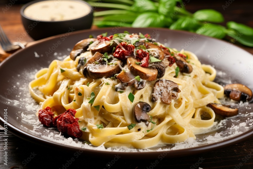 Creamy fettuccine with mushrooms and sun-dried tomatoes - a healthy, hearty meal for any occasion. Generative AI