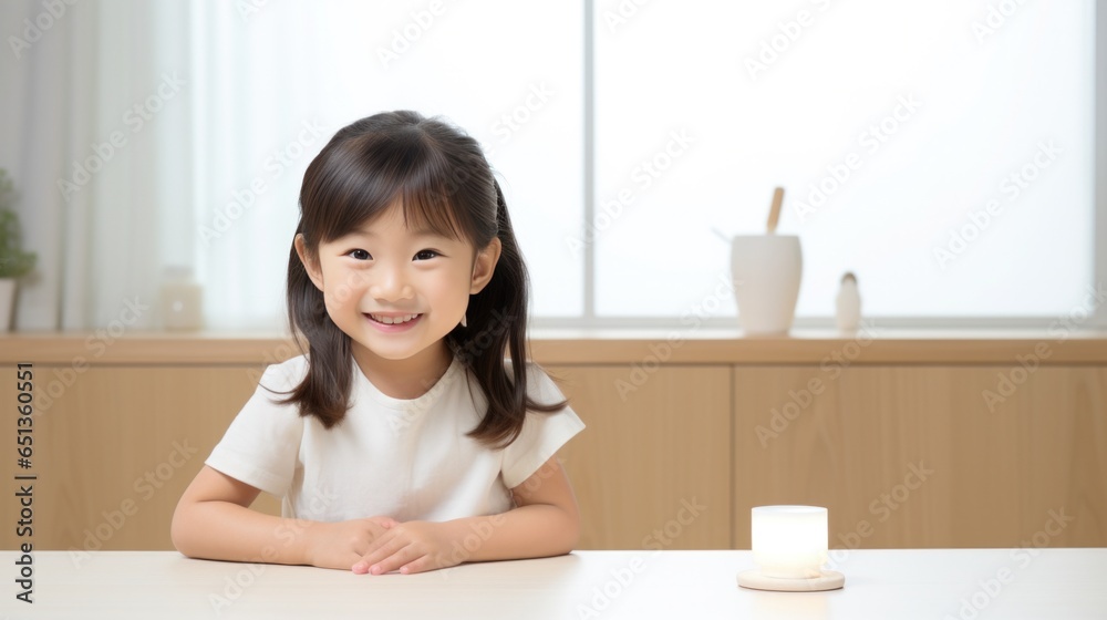 Little asian girl sit on table in kitchen and looking at the camera.