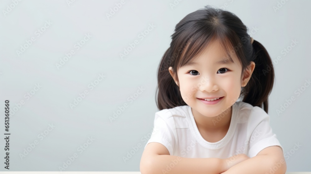 Little asian girl sit on table in kitchen and looking at the camera. Little asian girl sit on table in kitchen and looking at the camera.