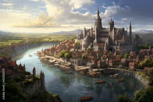 An overhead perspective of a medieval town featuring a lake and a castle, exemplifying historical elegance. Generative AI
