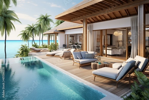Luxury beach house with pool, sea view, terrace, sofa, vacation home, holiday villa, hotel interior. Generative AI © Eira