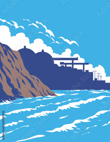 WPA poster art of surf beach at San Onofre State Beach with San Onofre Nuclear Generating Station in  San Clemente, San Diego, California, United States USA done in works project administration.
