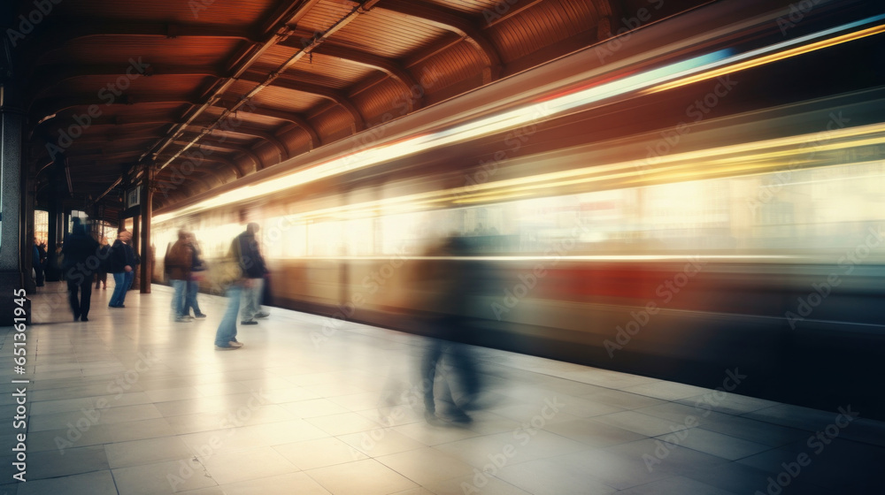 A train station subway with blurred motion and walking people