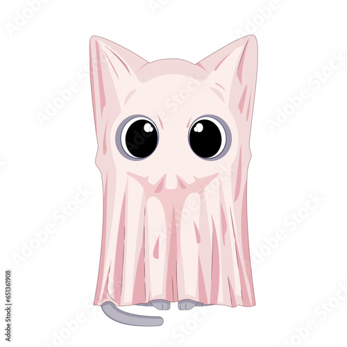 Kot w przebraniu ducha. Mały zwierzak w różowym prześcieradle z dziurami na oczy. Urocza ilustracja na Halloween.
