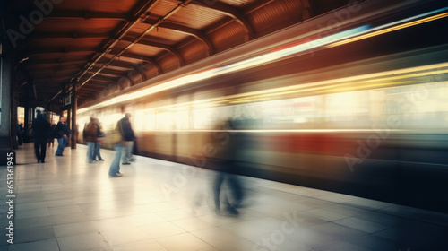 A train station subway with blurred motion and walking people