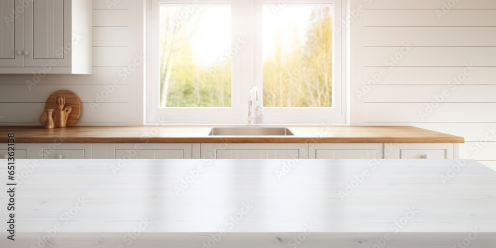 Empty white wooden tabletop with blurred white kitchen in the background. Mock up for display or montage of product