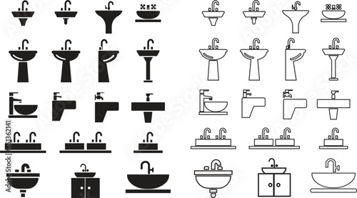 sink unit l icon in flat and line set use for kitchen and bathroom washbasin sign, symbol in trendy style pictogram isolated on transparent background vector for apps and website photo