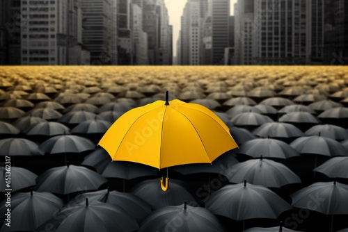 Bright yellow umbrella over a group of dull gray umbrellas amidst a bustling cityscape. Signifying protection and professionalism. Generative AI © Pascal