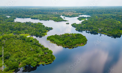 Fototapeta Naklejka Na Ścianę i Meble -  Scenic aerial sunset view of rainforest river in Amazonas Brazil