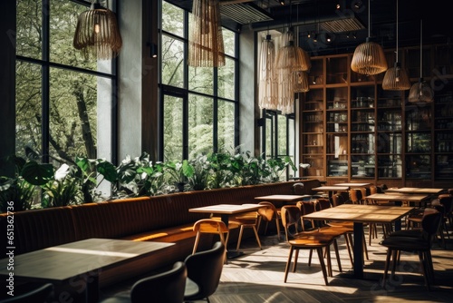 Interior of a modern and contemporary cafe located in the city with plenty of natural light entering from the big windows