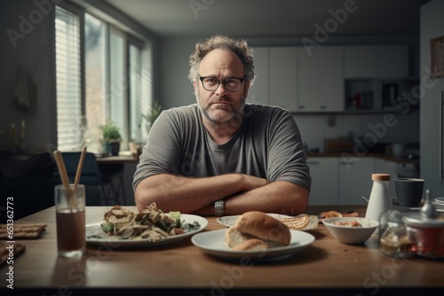 Fotografia Portrait of a obese or overweight middle aged man at home eating fast food