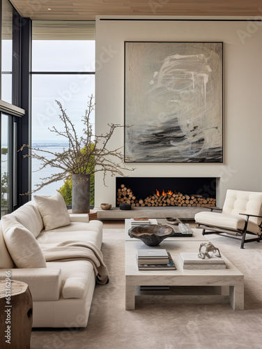 modern minimalist neutral living room with fireplace and large oversized windows contemporary 
