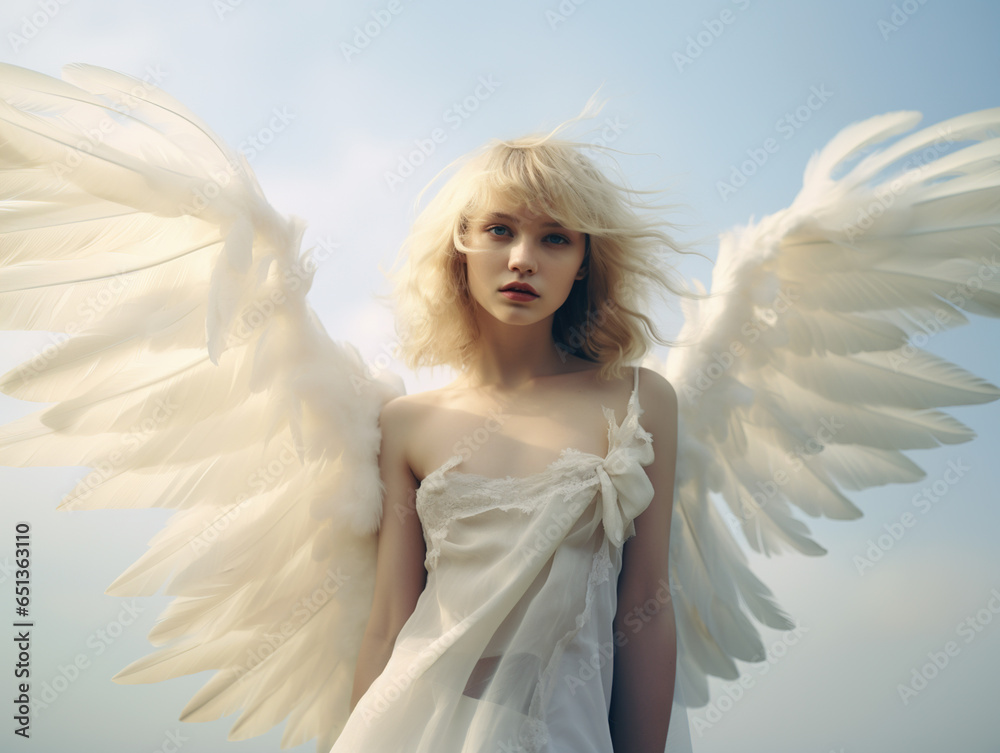 Beautiful female angel with wings, sky background Beautiful female angel with wings, sky background