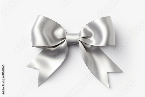 Silver ribbon bow with shadow on white background. Generative AI
