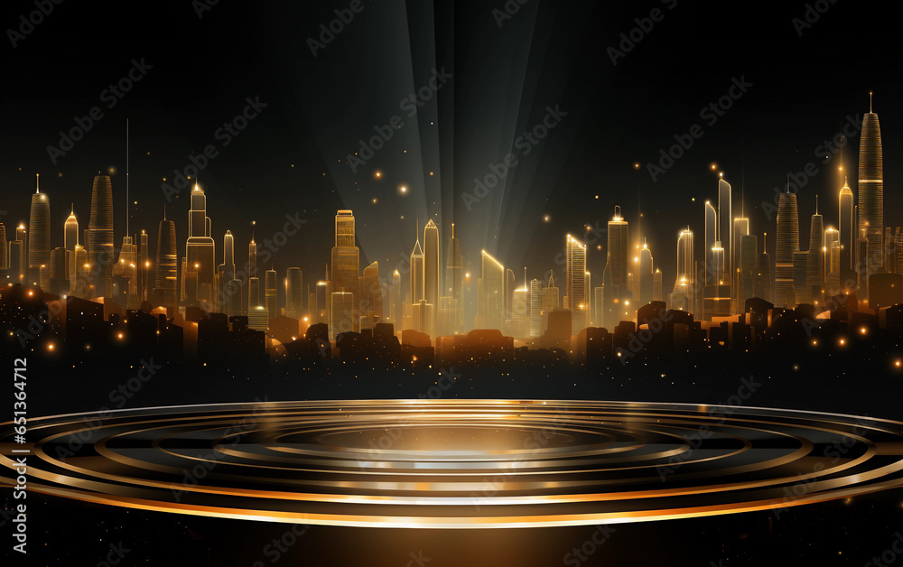 Golden podium for display with city in the background. Futuristic luxury illustration