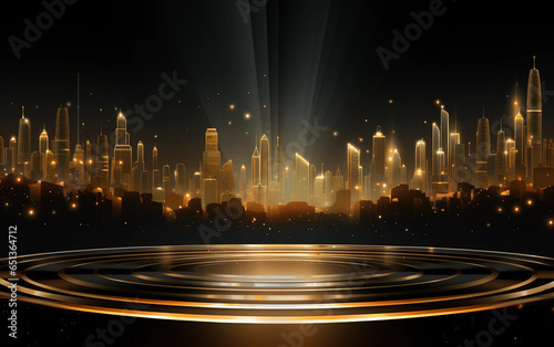 Golden podium for display with city in the background. Futuristic luxury illustration