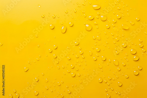 Yellow wallpaper with small drops of water. Yellowish background with water drops on its surface. Minimalist background.